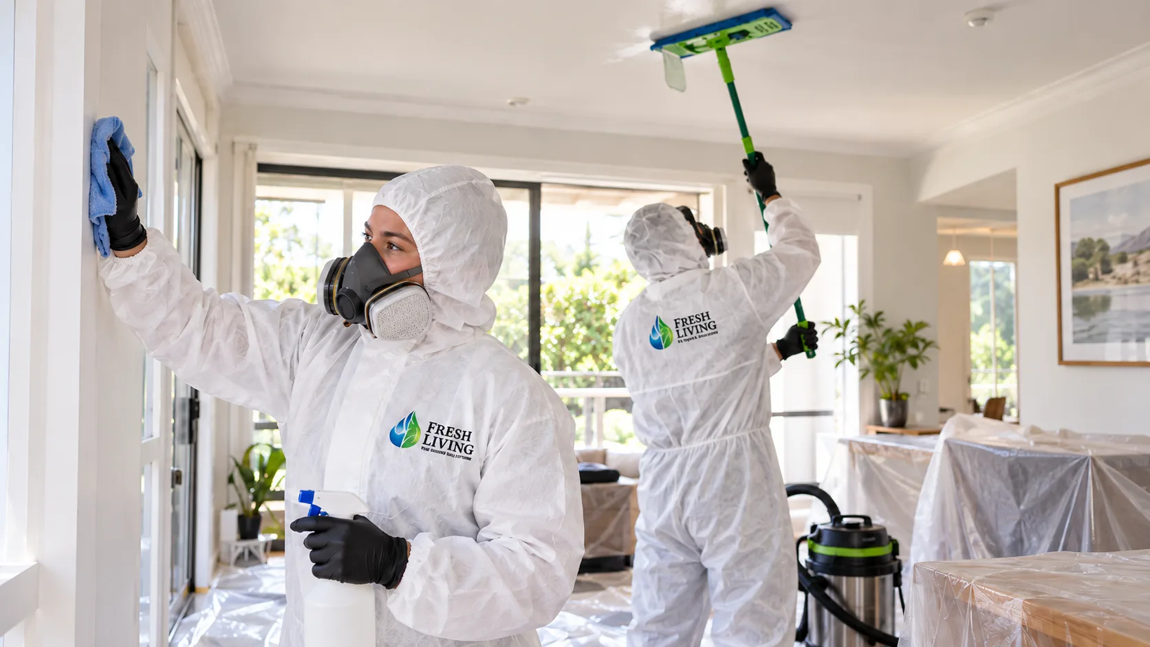 Two Fresh Living technicians in white coveralls and respirators treating the walls and ceiling of a sunlit living room
